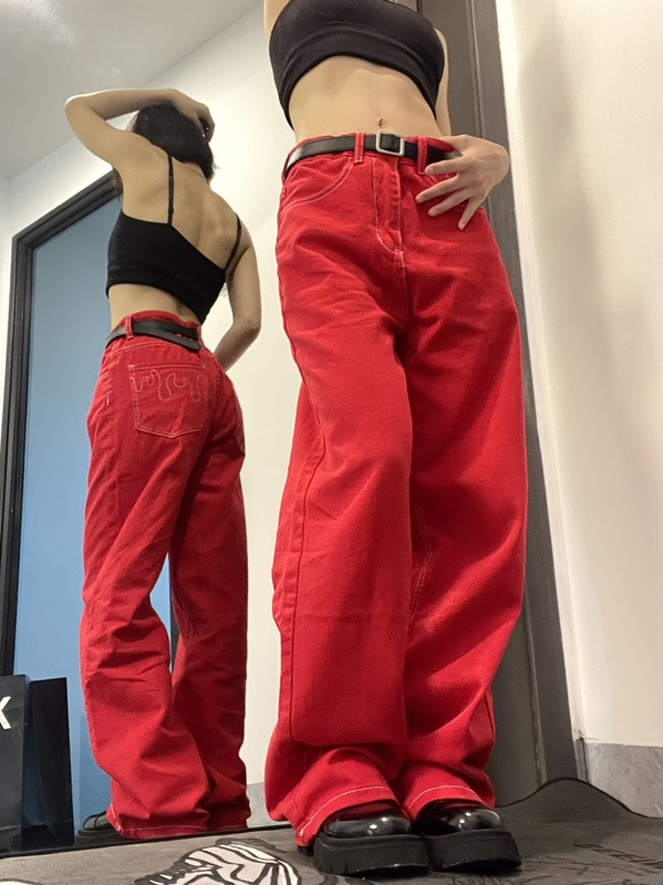 American Retro Street Style Oversized Red Pants for Women, European and American High Street Hip-Hop Loose Wide-Leg Jeans Trendy