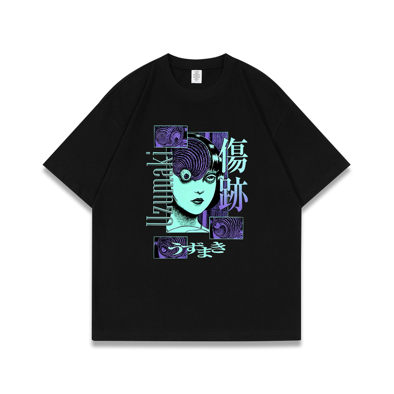 Japanese-Style Junji Ito Spiral Horror Manga Short-Sleeve T-Shirt for Men and Women, Summer Heavy Cotton Oversized Half-Sleeve Top