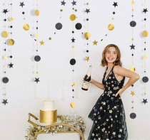 Graduation season birthday party New Year decorations gold silver and black five-pointed star round paper string pull flag pull flower flag