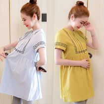 Pregnant t-shirt summer suit Korean version short-sleeved belly cover-up pregnant medium-length top Cotton shirt dress