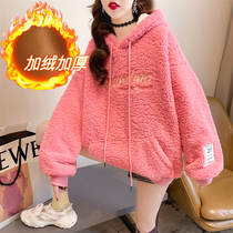 Pregnant womens sweater autumn and winter fashion Korean version of belly plus velvet padded large size coat lamb velvet winter sweater