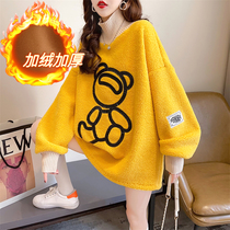 Pregnant womens winter coat Korean version of high neck plus velvet thickened foreign atmosphere large size loose belly does not show autumn and winter sweater