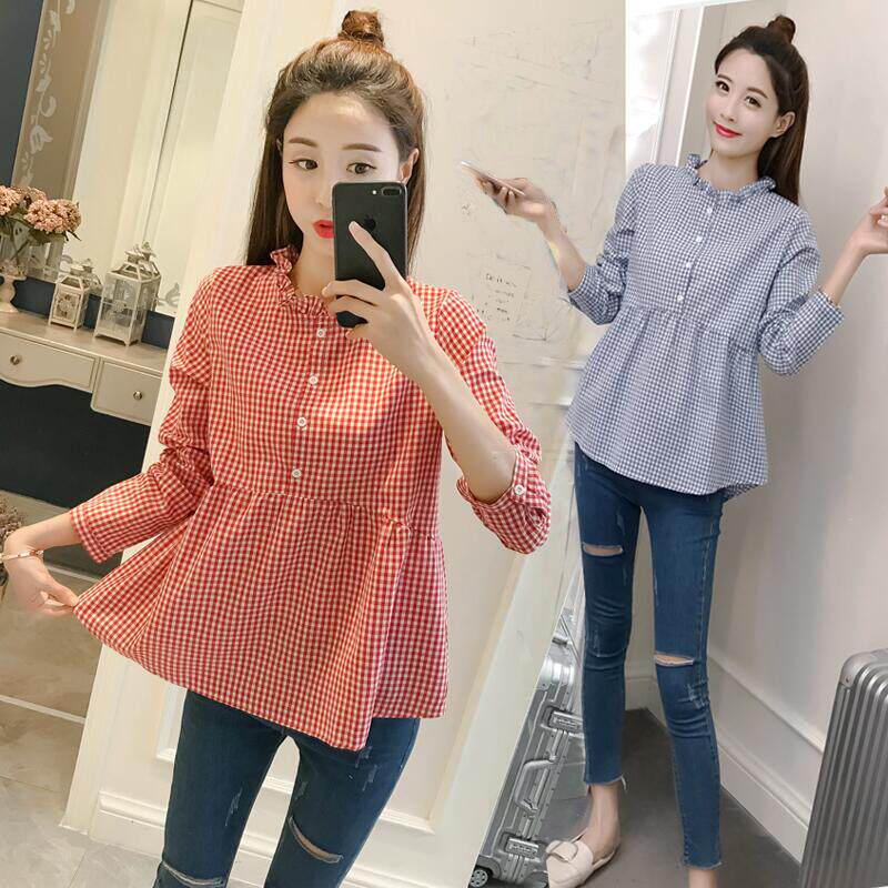 Pregnant women autumn t-shirt Korean plaid shirt spring and autumn long-sleeved pregnancy doll shirt short top two-piece suit