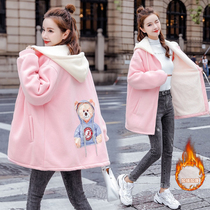 Pregnant women winter coat cotton clothes fashion out autumn and winter Korean version plus velvet thick sweatshirt hooded warm windbreaker cotton-padded jacket