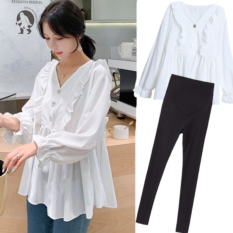 Maternity Shirts Spring Autumn Long Sleeve White V-Neck Chiffon Shirts Maternity T-Shirts Short Tops Fashion Two Piece Suits