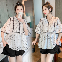 Pregnant women chiffon shirt summer suit fashion style age reduction V-neck shirt short top doll shirt two-piece set
