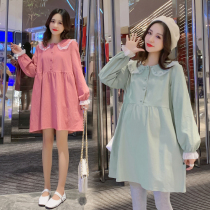 Pregnant autumn t-shirt Korean version long sleeve loose Western style doll collar Medium-length top clothes Large size early spring dress
