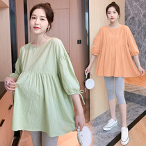 Pregnant woman t-shirt summer fashion Korean version loose belly cover age-reducing doll shirt Medium-long top clothing two-piece set