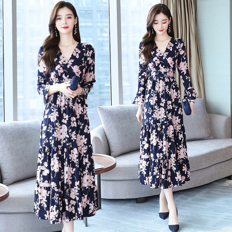 2023 New Autumn Clothing, Sweet Floral Dress for Women, Long Over-The-Knee Chiffon V-Neck Long-Sleeved Elegant Mother's Dress