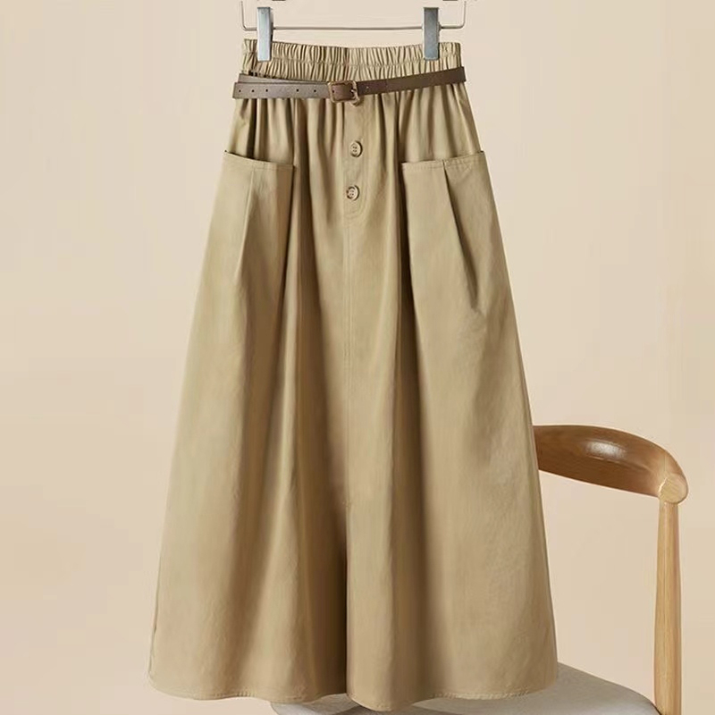 Pure Cotton Mid-Length Skirt for Women 2026 Summer New Style Large Pocket Over-The-Knee Casual High-Waisted Slimming A-Line Skirt for Women