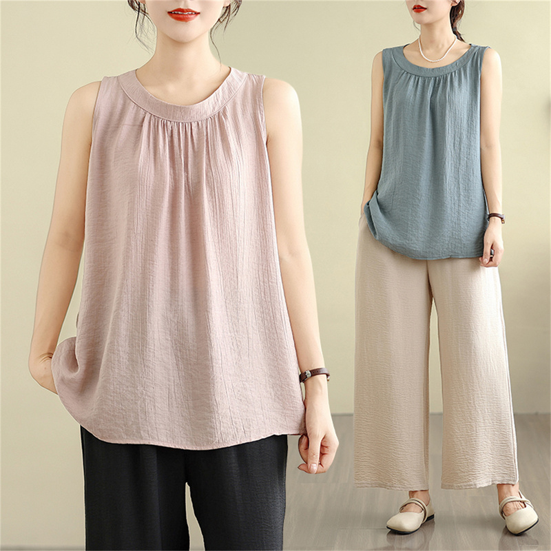 Linen Pleated Plus-Size Women's Summer Inner Wear Tank Top, Thin Sleeveless Loose Slimming Outerwear Top