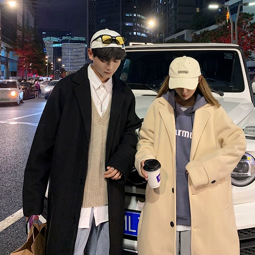 Осеннее шерстяное пальто для влюбленных, однотонный плащ