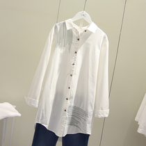 2019 Spring and Autumn new long white shirt Women fashion Joker long sleeve embroidery solid color shirt Women coat tide