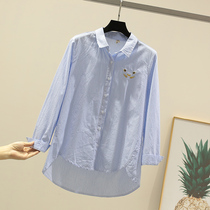 Embroidered Striped Shirt Women 2021 Spring and Autumn New Art Fan Long Sleeve Loose Vintage Long Sleeve Shirt Womens Top Autumn