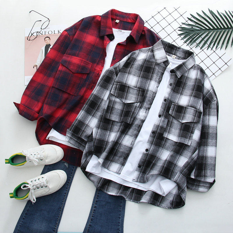 Plaid shirt women's autumn new Korean version loose all-match student large size Harajuku long-sleeved shirt jacket women's top