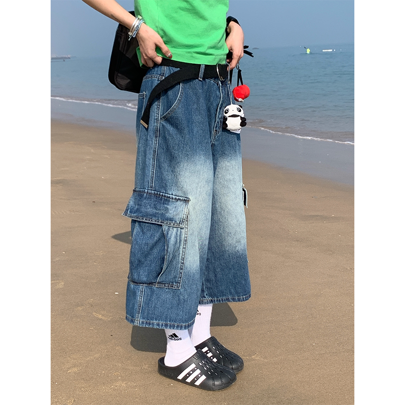 Oiiokk Loves Handsome Pants! *Oversize American-Style Washed Blue Pocket Workwear Loose Denim Capri Pants