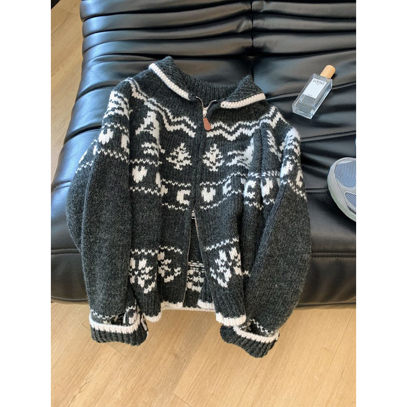 Snowflake Fair Isle Christmas Jacquard Black Heavy-Duty Thick Sweater for Girls with Zipper, Autumn and Winter Atmosphere Short Coat