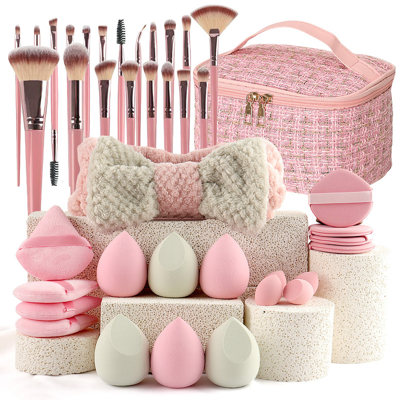 Cross-Border 40-Piece Beauty Tool Set with Travel Makeup Bag, Complete Set of Makeup Brushes and Powder Puffs before and after Makeup
