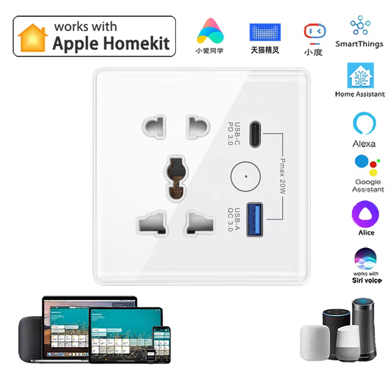 86-Type Homekit Wall Plug Smart USB Socket with Hidden Wifi Remote Control for Xiaoai, Tmall, and Google Speakers