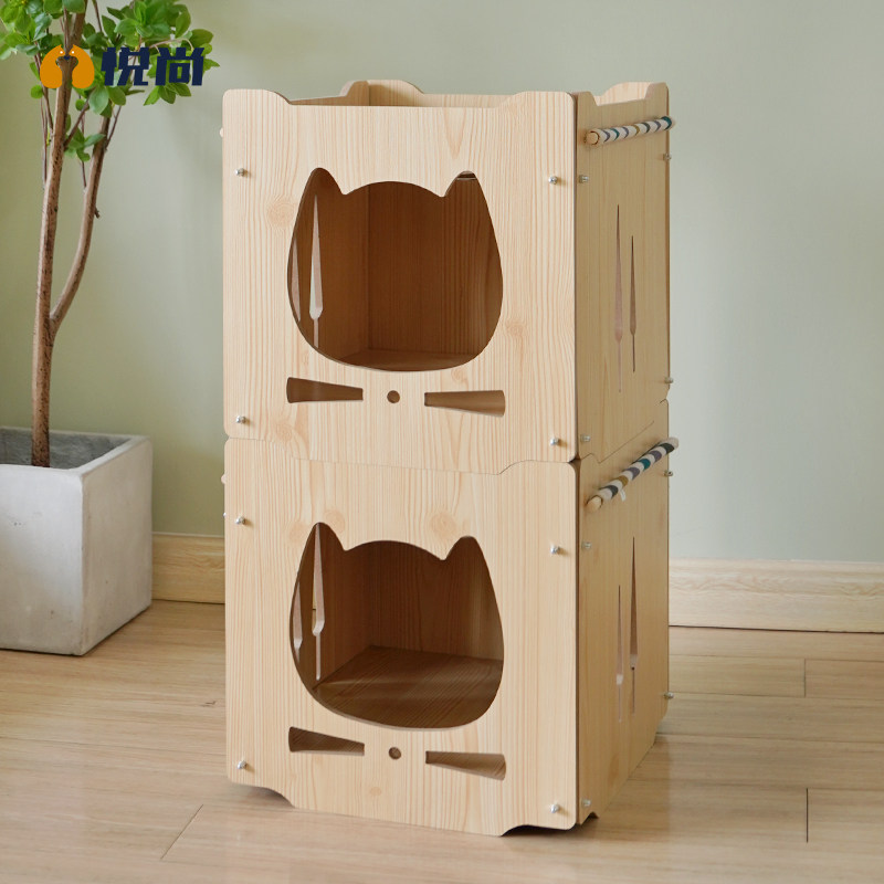 Cat Nest Four Seasons Universal Summer Semi-Enclosed Double House Kitty Supplies Wooden Multi-storey Building Block Mesh Red Villa