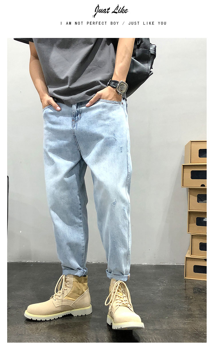2022秋季新款美式潮牌工装牛仔裤男宽松蓝白浅色休闲哈伦九分裤子详情7