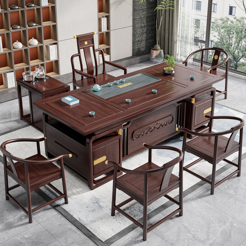 Rosewood Tea Table and Chair Set, Solid Wood Kung Fu Tea Table, New Chinese Style, One Table and Five Chairs, New Model with a High-End Feel, Office Tea Table