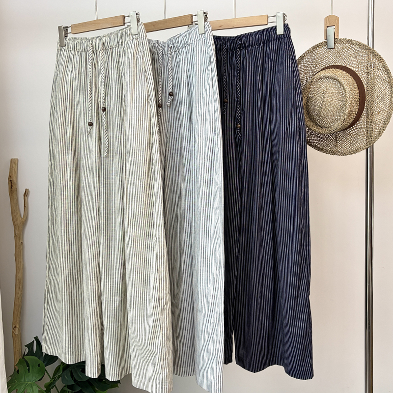 Linen Spring and Summer New Striped Wide-Leg Pants for Women, Korean Style Elastic Waistband Long Pants, Fashionable for Commuting, Slimming and Leg-Lengthening