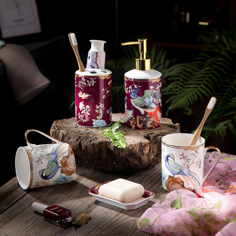 Light luxury ceramic wash set creative bathroom five-piece set bathroom household wedding tooth set mouthwash cup with tray