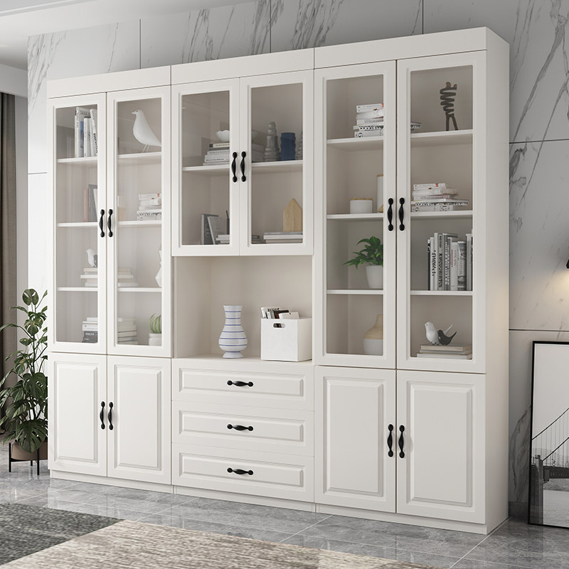 Full solid wood bookcase bookshelf modern simple solid wood bookcase with glass door Italian minimalist combination locker white
