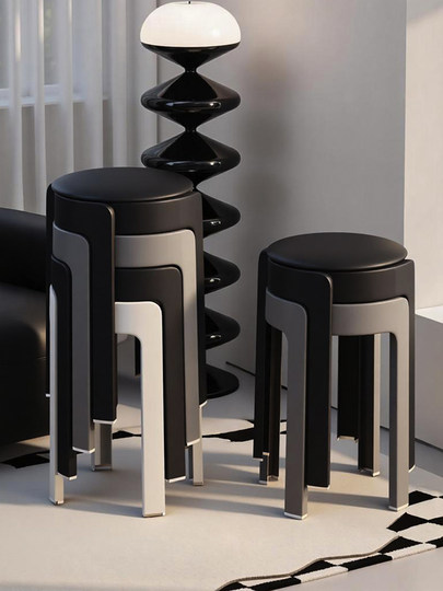 High-end extra thick plastic soft-covered stools for home use thickened stackable dining chairs living room spare strong and durable black round stools