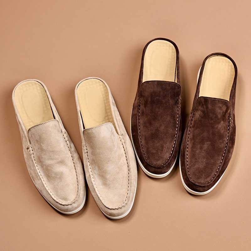 Summer Slippers for Men, Sheepskin Mules, Genuine Leather Half-Slipper, Trendy Retro Old Money Style, Breathable Soft Sole, Closed-Toe Slippers