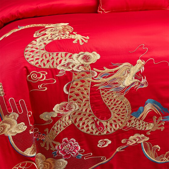 All-Cotton Wedding Four-Piece Set, All-Cotton Red Dragon and Phoenix Wedding Quilt, Wedding Bedding, All-Cotton Bed Sheet and Duvet Cover