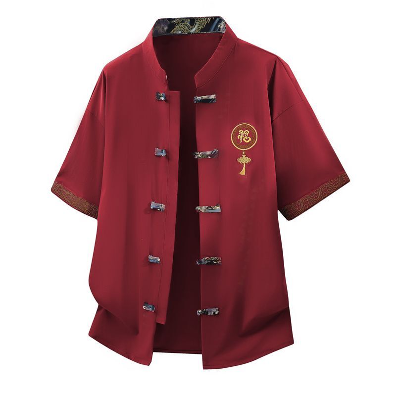 Red Retro Chinese Style Embroidered Tang Suit for Men, Summer Short-Sleeved National Trend Casual Stand-Up Collar Buttoned Hanfu Loose Top