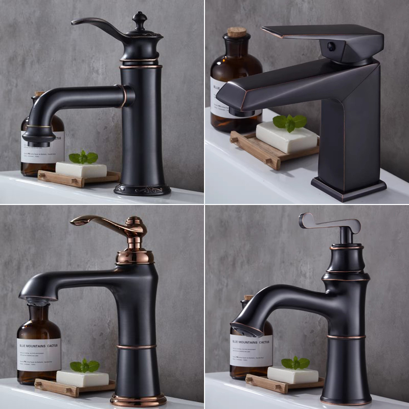 Black Faucet for Hot and Cold Water, Washbasin Faucet, American-Style Bathroom Sink Faucet, All-Copper Single-Hole Countertop Basin Faucet