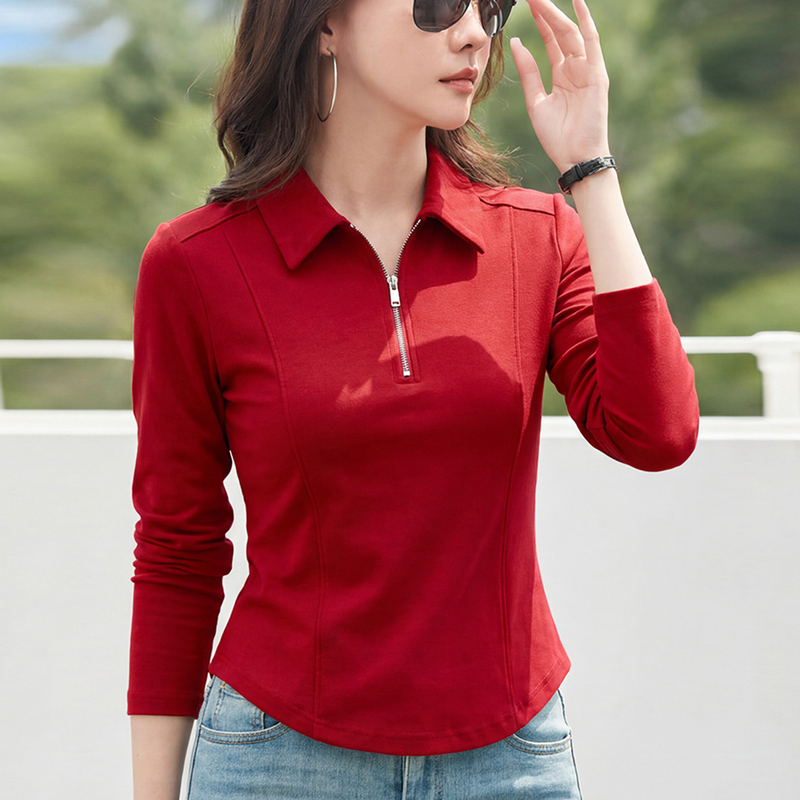 Polo Collar Half-Zip Long-Sleeve T-Shirt for Women 2026 Spring and Autumn New Slim Fit Versatile Collared Top Base Shirt
