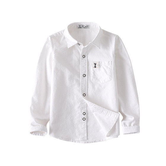 Boys' pure cotton white shirts, spring and autumn, primary school uniforms, performance uniforms, middle and large children's long-sleeved white shirts, trendy