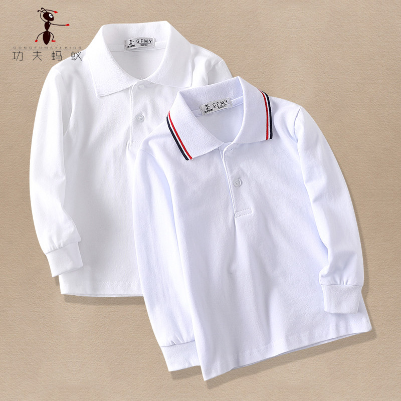 Children's white T-shirt long sleeve thin CUHK boy pure cotton class clothes woman baby spring and autumn beat school uniform polo shirt