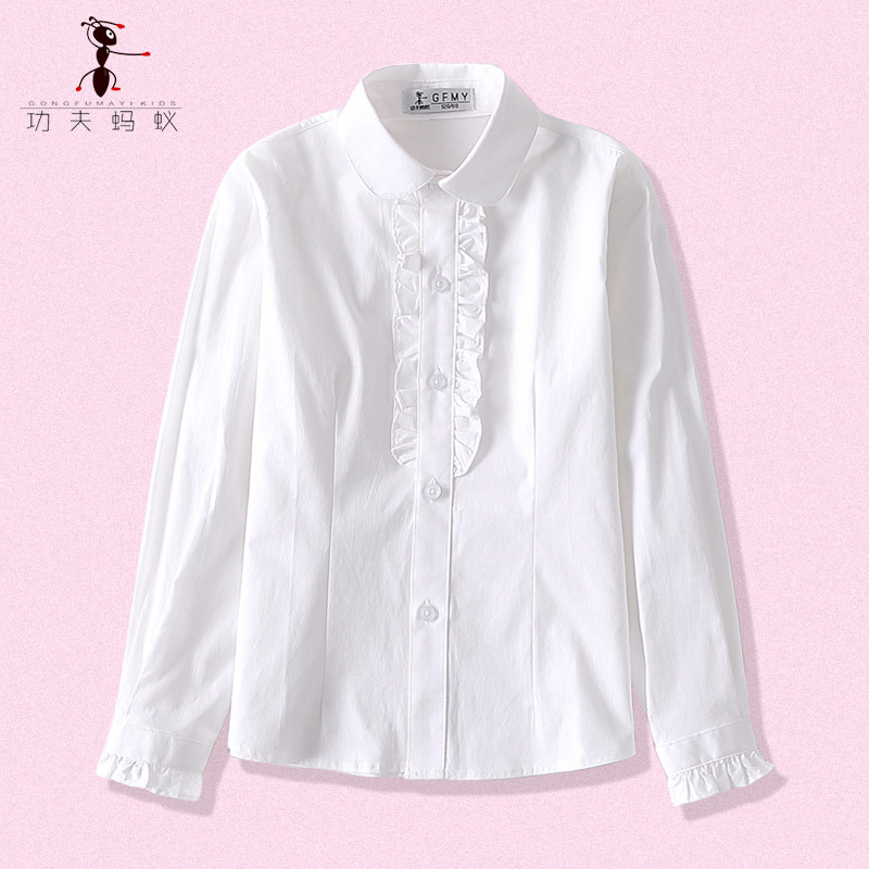 College style girls white shirt long-sleeved costumes primary school class school uniforms middle-aged children's cotton shirts 6607