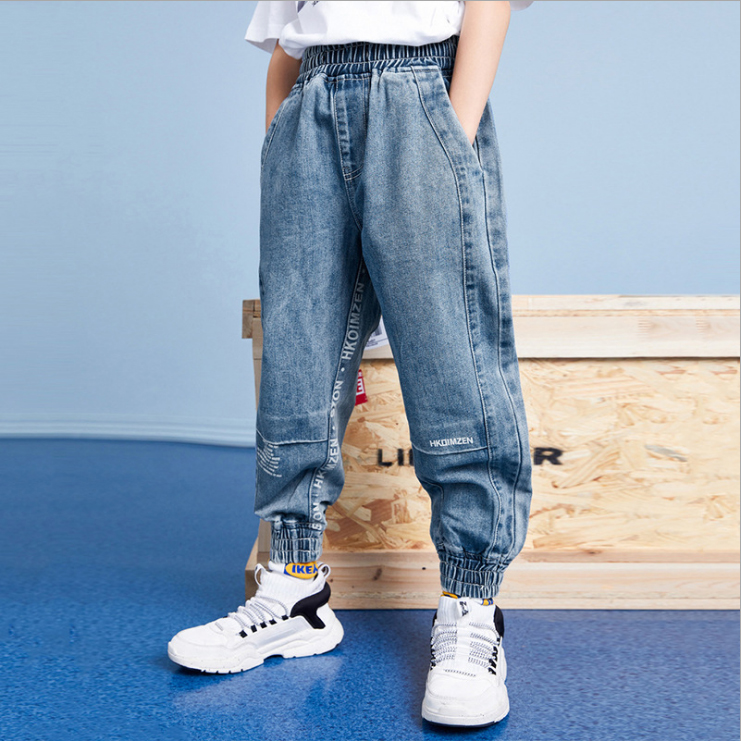 Boy jeans fit in 2021 spring autumn new CUHK boy blue smoke pipe pants child tide sign trousers 3834