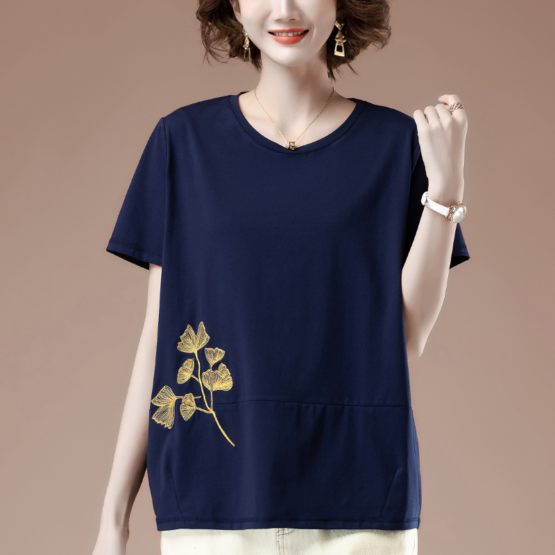 Short-Sleeved T-Shirt for Women, Summer Plus Size, Loose Fit, Middle-Aged Mom, Embroidered, Casual, Pure Cotton, Slimming Top