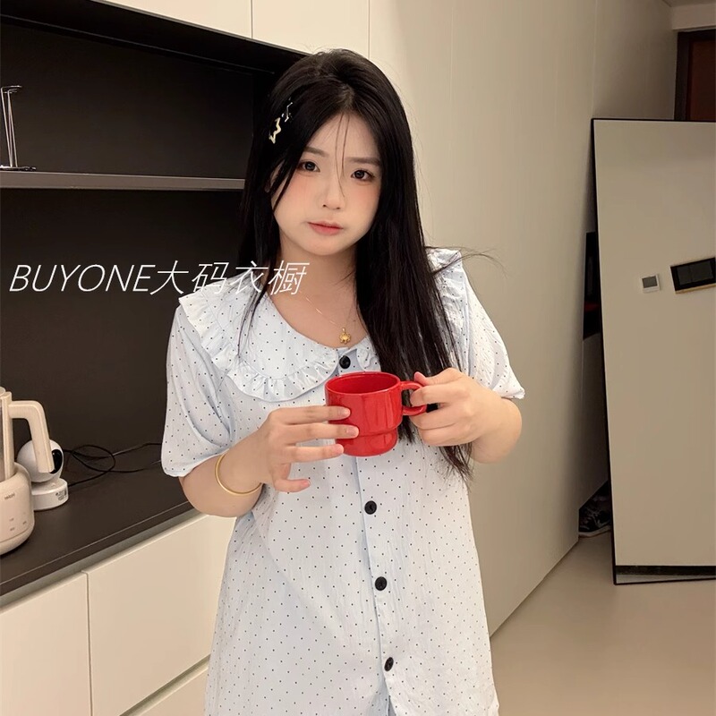 【Freshwater Blue】Plus Size Loungewear for Women, Fat mm 100kg Short Sleeve Shorts Cloud Cotton ins Polka Dot Pajamas