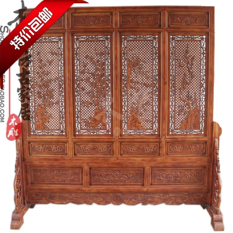 Dongyang wood carving hollow Melan bamboo daisy floor screen solid wood double - sided carving screen home furniture