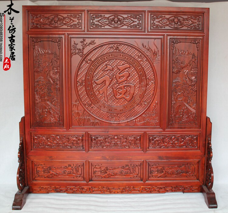 Dongyang wood carving five blessings Linmen incense camphor wood solid wood seat screen screen Chinese antique screen porch partition decoration
