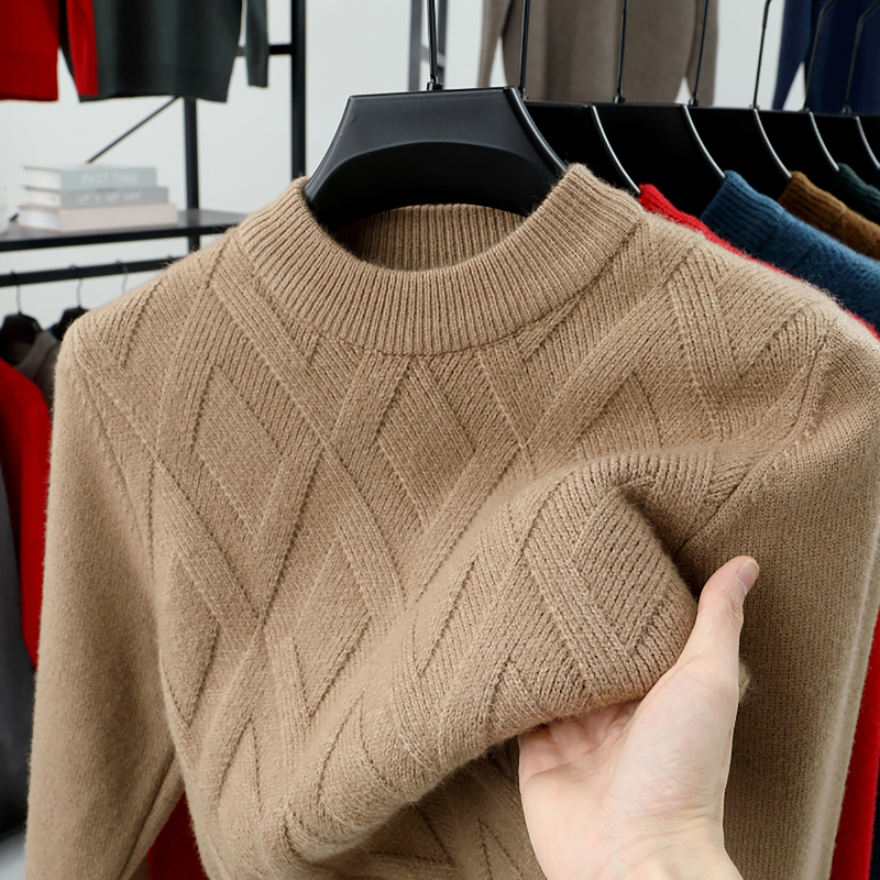 Winter 100% Pure Color Cashmere Sweater for Men, Thickened Jacquard Casual High-End Loose Knit Wool Sweater, Large Size