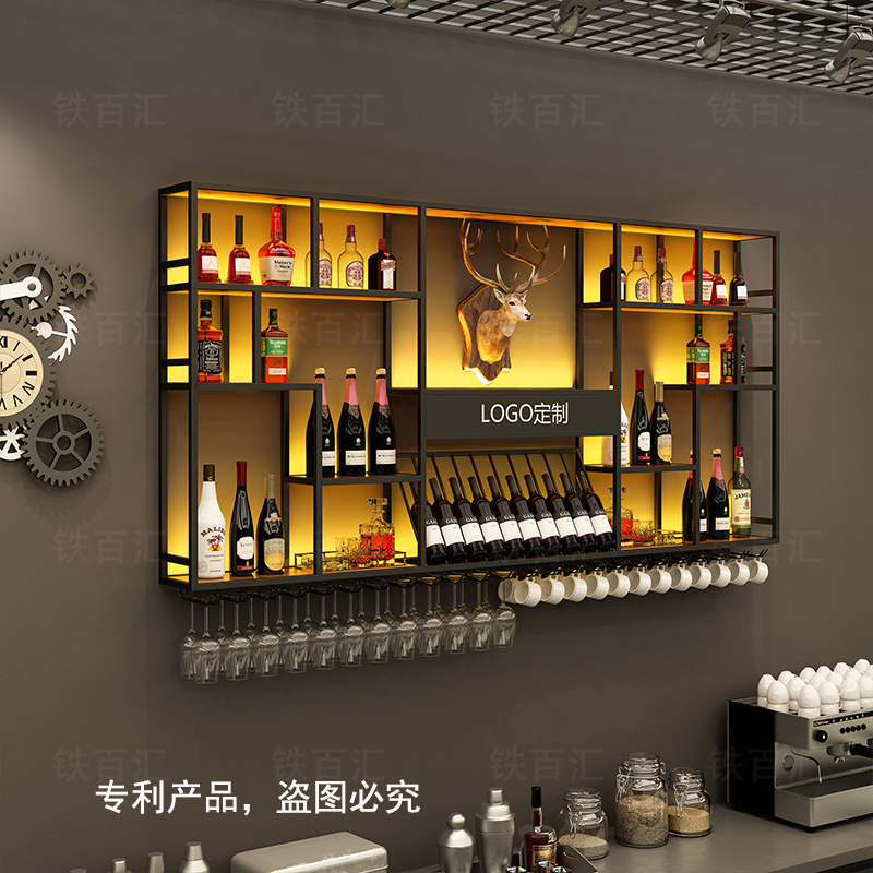 Industrial Style Bar Wrought Iron Display Rack Creative Restaurant Wine Rack Bar Counter Wine Cabinet Wall-Mounted Storage Rack