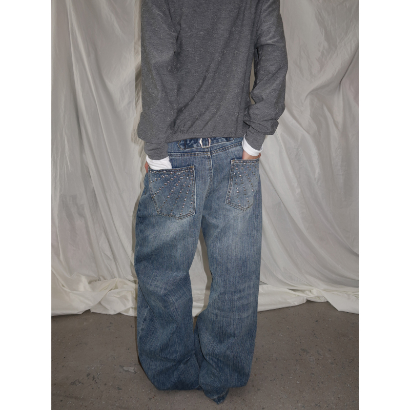 Btsg Washed Slub Pattern Iron-On Bead Paris Button Jeans, Vintage Versatile Loose Wide-Leg Pants for Men and Women
