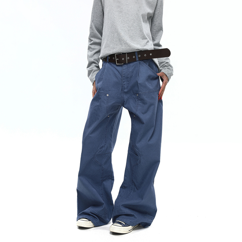 Btsg Retro Commuter Washed Vintage Wide-Leg Work Pants Men's American Style Cleanfit Straight Blue Cargo Pants