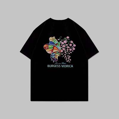 UNXU National Trend Style couple color-changing butterfly embroidery Heavyweight pure cotton short-sleeved men's 2025 Summer Casual Breathable T-shirt