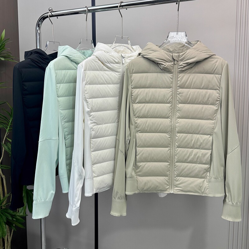 Lu's Same Source down Series 90% down Outdoor Lightweight Ribbed Hooded Yoga down Jacket Slim Fit Inner Short Style for Women