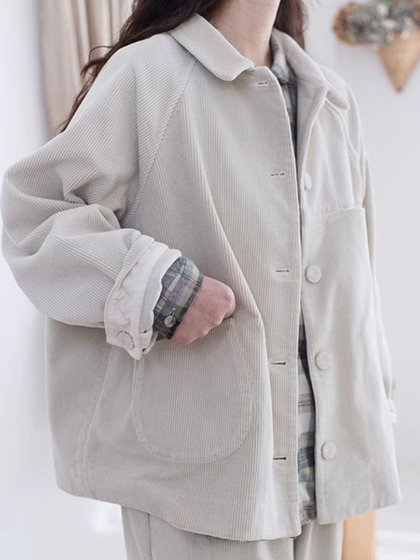 2025春装新款文艺全棉小西装灯芯绒面料翻领开襟米白长袖厚外套女